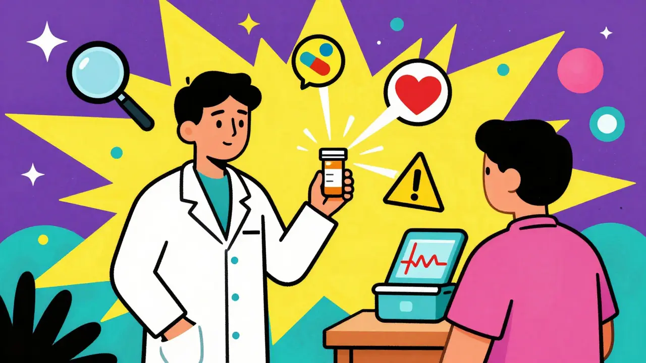 Illustration of a pharmacist checking prescriptions amidst vibrant, abstract safety symbols.