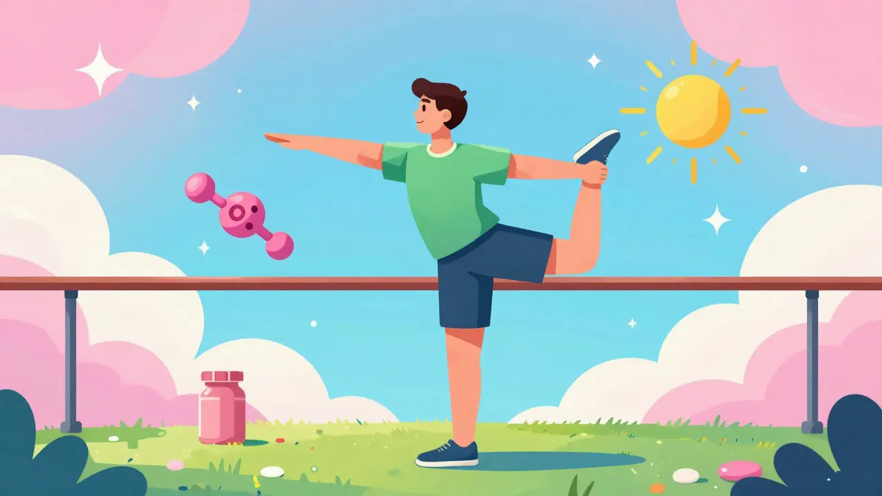 Person doing balance training with symbolic nutrition elements