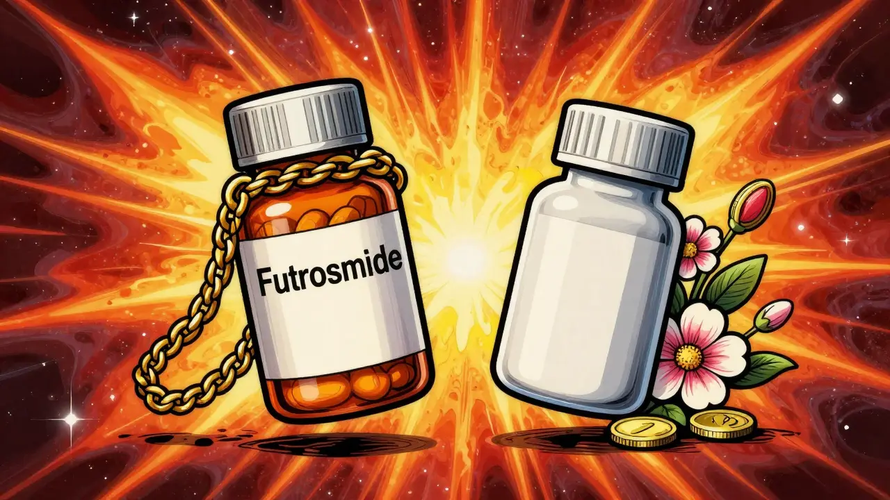 Peter Max style art comparing brand vs generic pills, highlighting savings with flowers and coins.