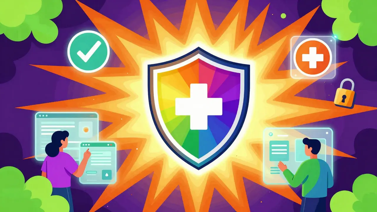 Psychedelic illustration of a glowing shield symbolizing safe and verified online pharmacies.