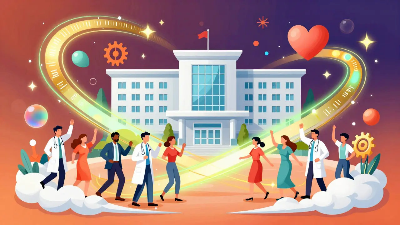 Vibrant illustration depicting hospitals and patients benefiting from improved healthcare partnerships.