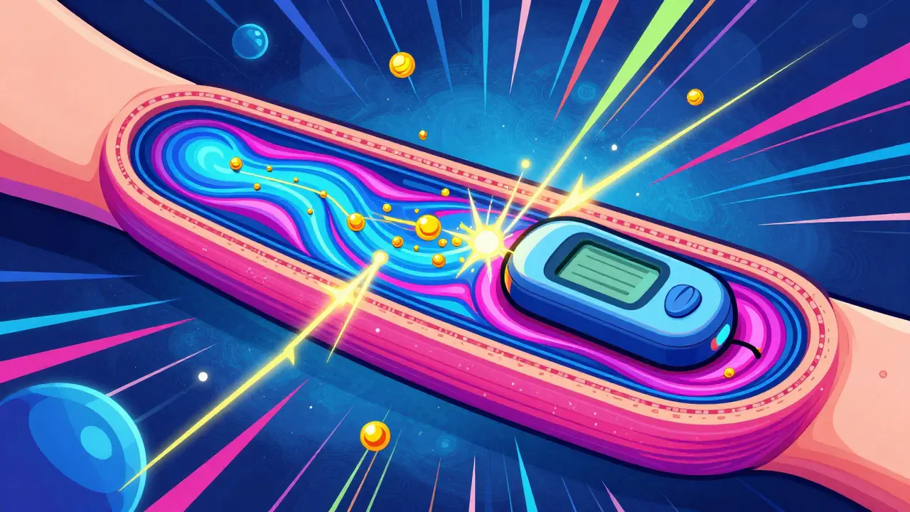 Abstract illustration of glucose monitoring enzymes reacting in vibrant colors