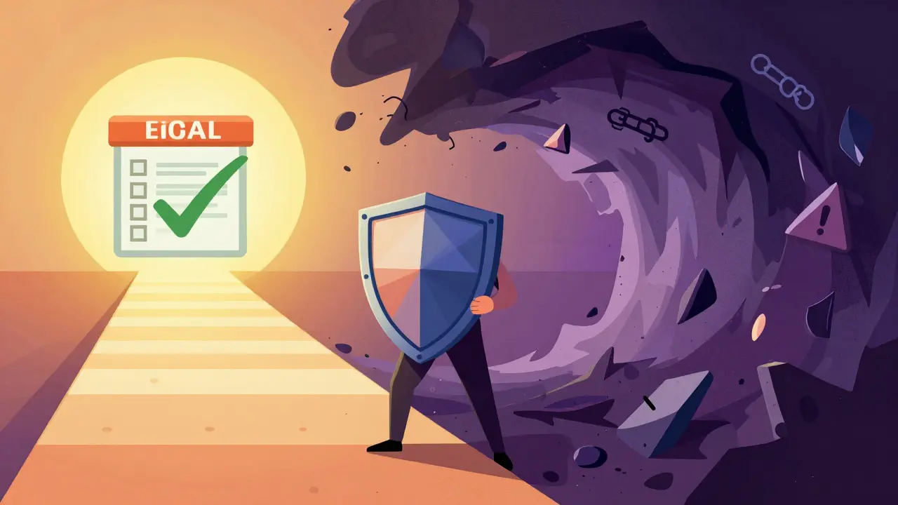 Artistic depiction choosing a safe pharmacy path over dangerous illegal websites.