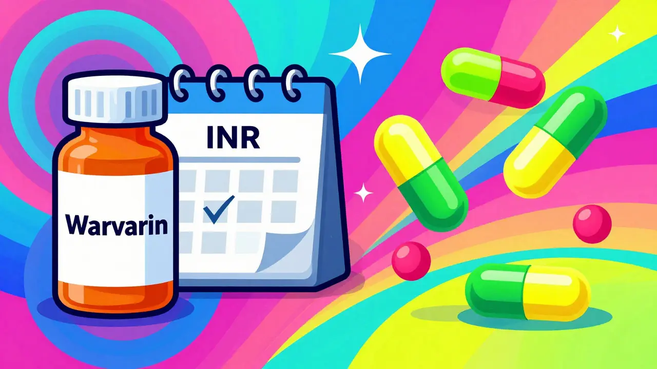 Colorful illustration comparing old warfarin pills with modern DOAC capsules.