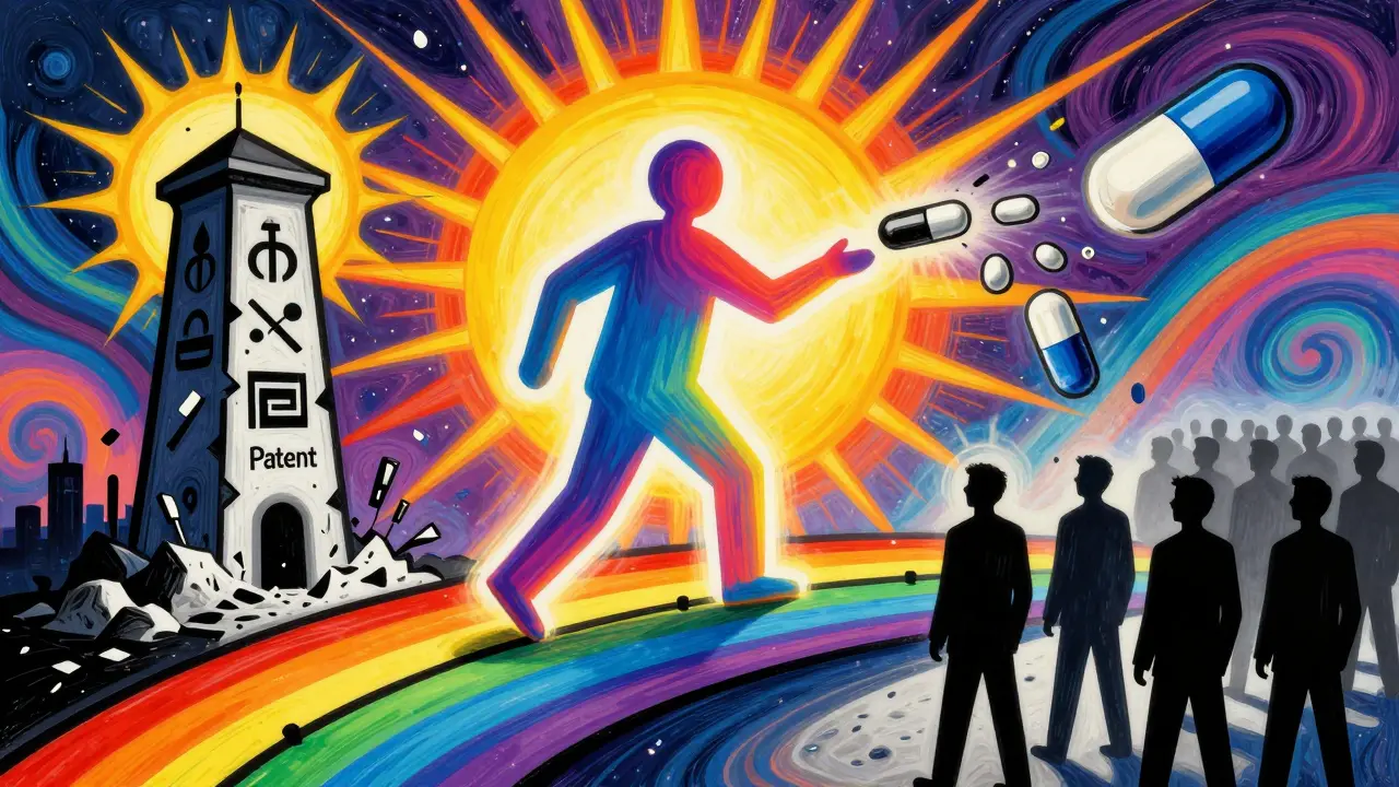 Colorful illustration of a pharma company launching generics before competitors arrive