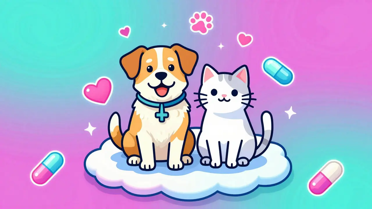 Colorful illustration of happy pets with vet-approved medication in a dreamy setting.