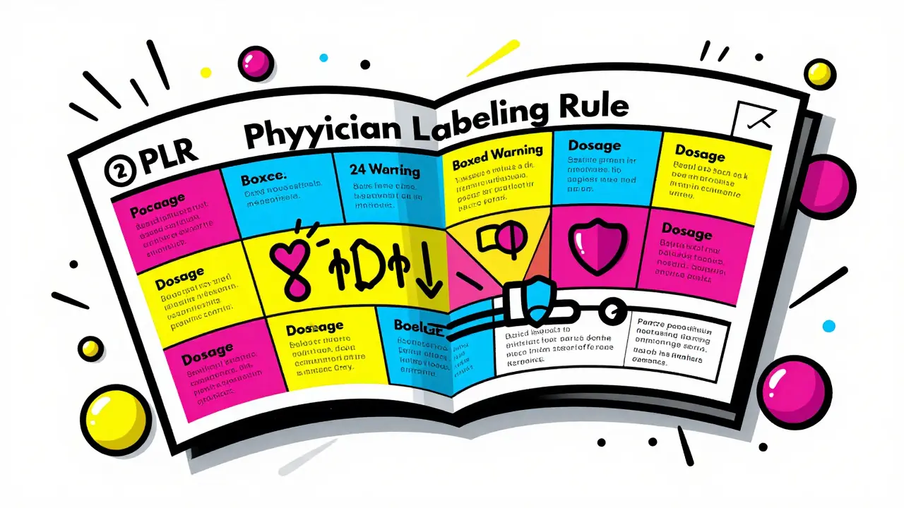 Colorful illustration of standardized drug label sections