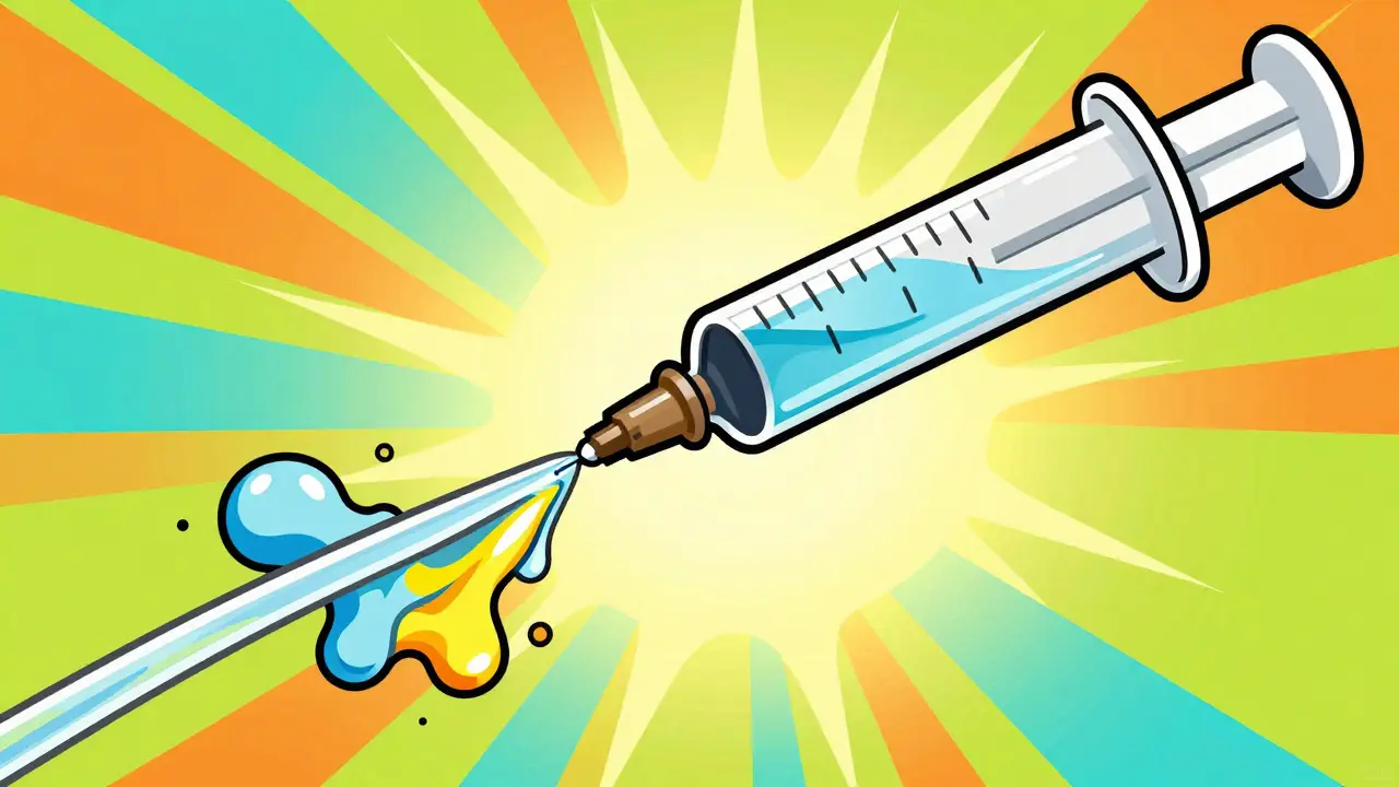Colorful illustration of water flushing a feeding tube clean