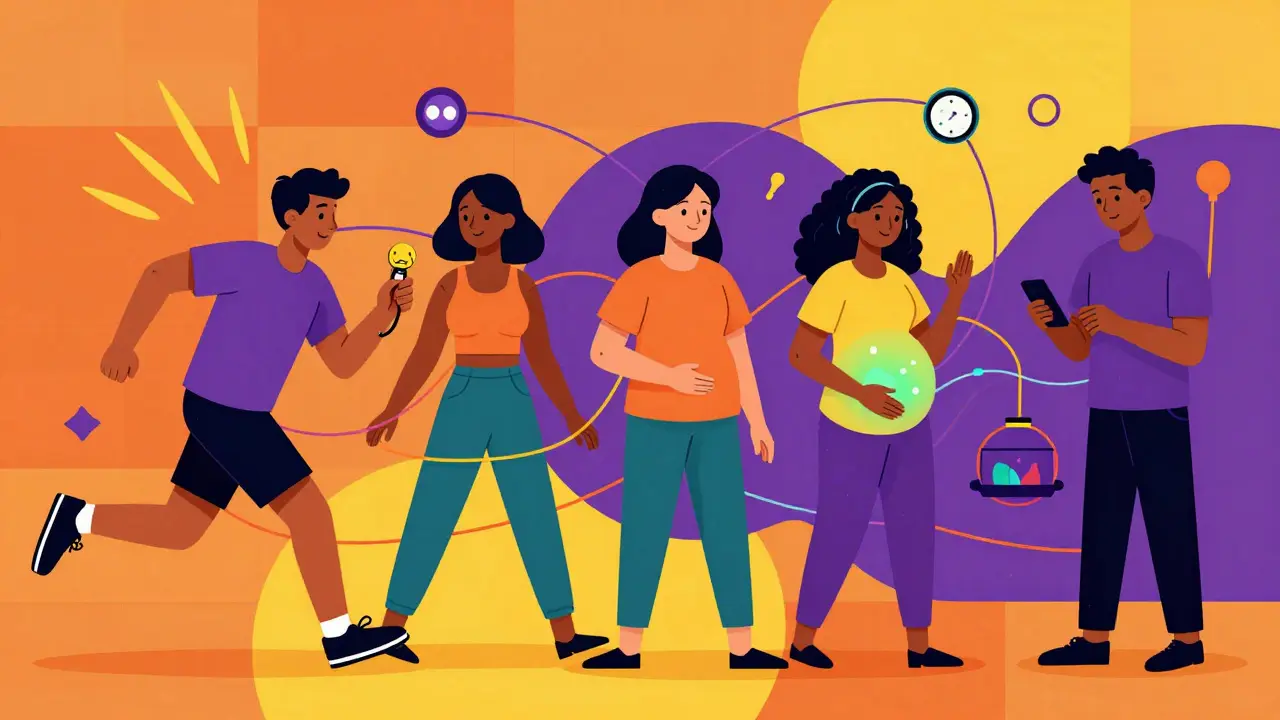 Diverse people managing diabetes with CGMs in a colorful, energetic scene