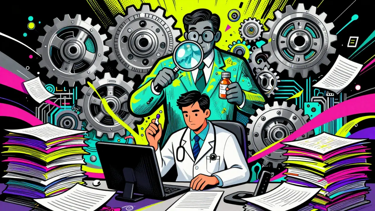 Doctor overwhelmed by paperwork while insurance gears loom above