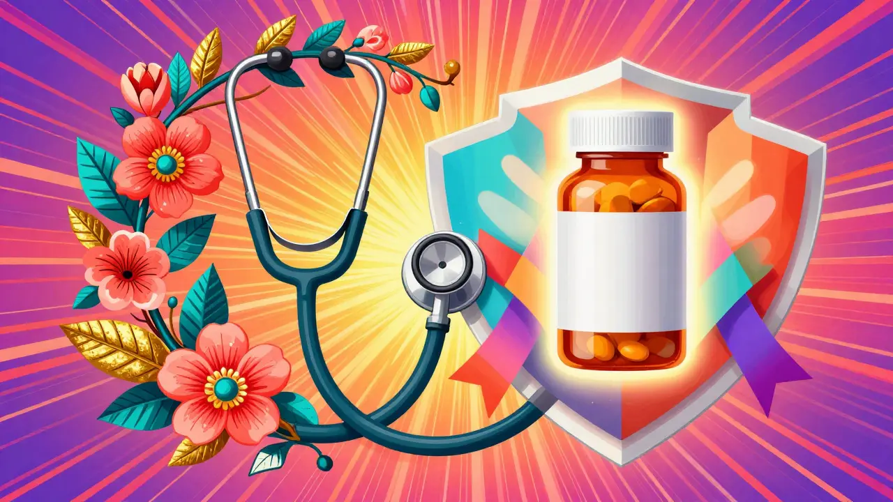 Peter Max style art of a stethoscope turning into flowers near a pill