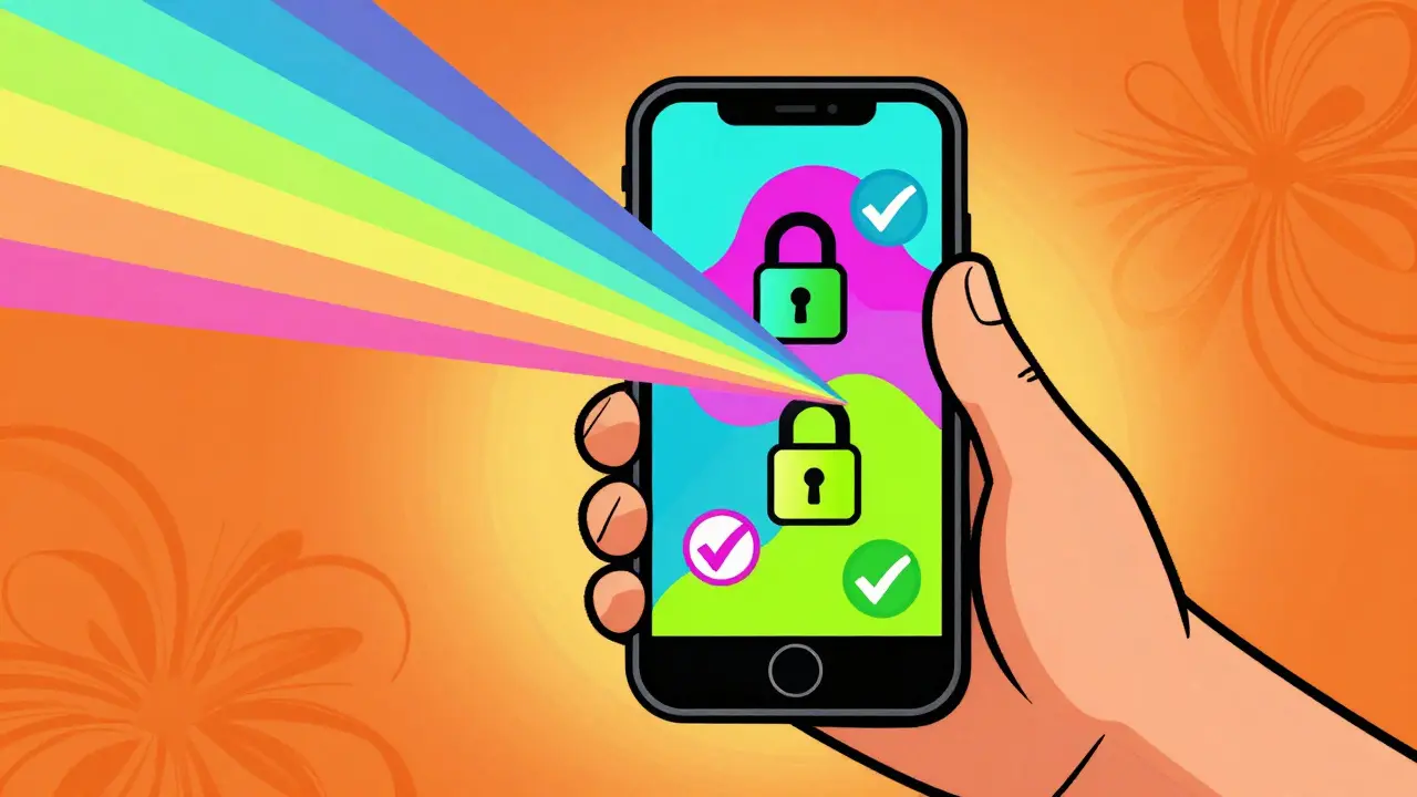 Peter Max style illustration of a hand holding a phone with rainbow light