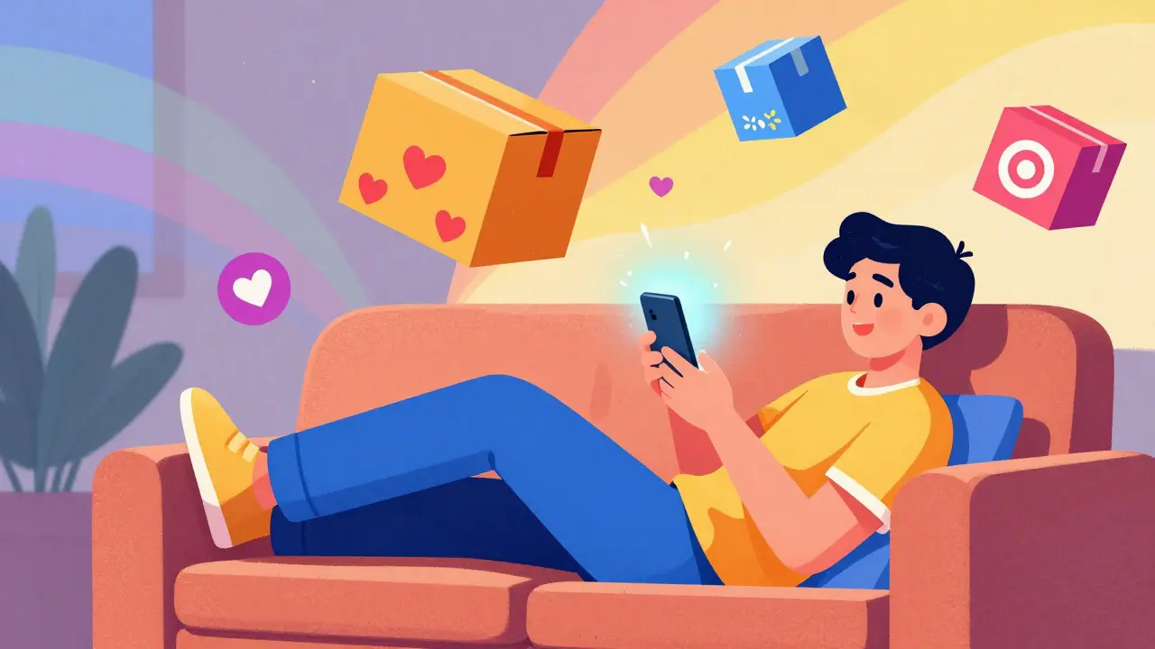 Relaxed person ordering meds online, colorful Peter Max illustration