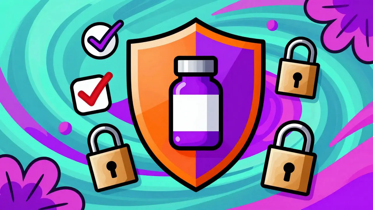 Shield protecting medicine bottle, vibrant Peter Max safety theme