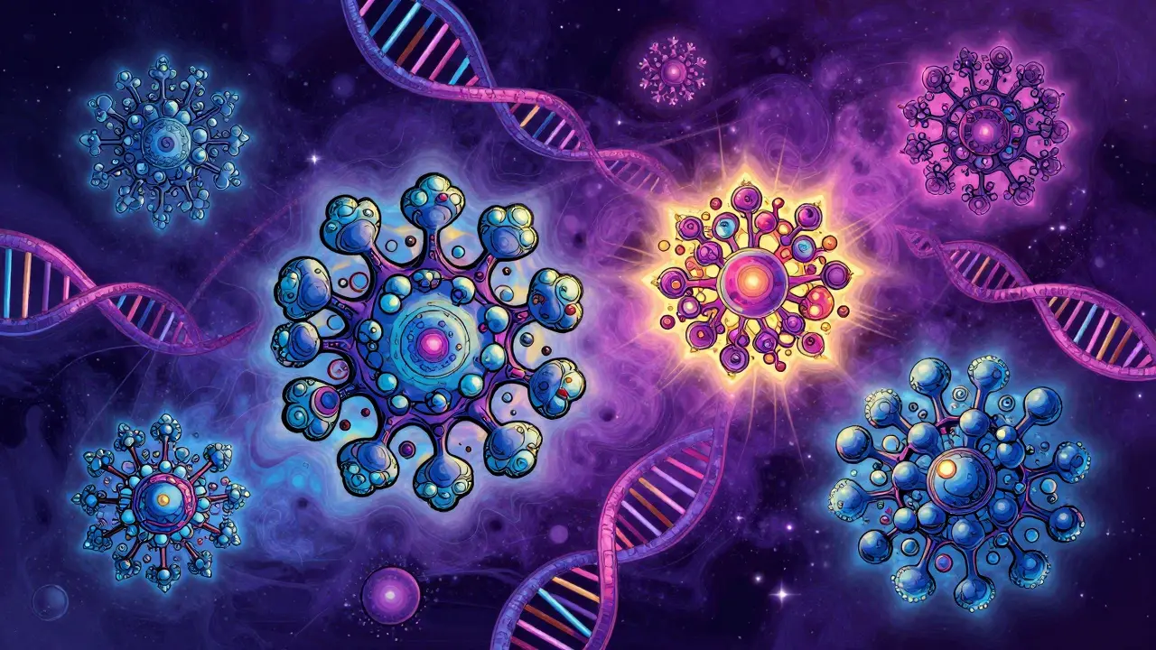 Vibrant abstract art of complex biological molecules and their biosimilar counterparts