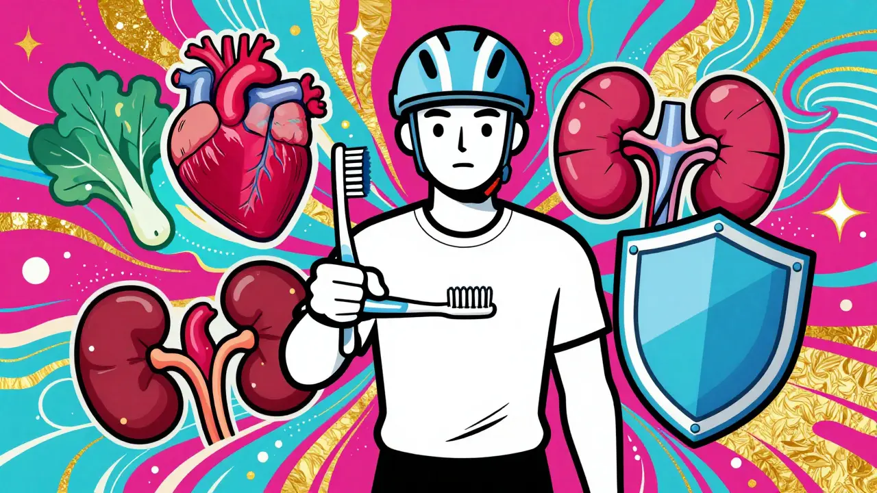 Vibrant art of a person with safety gear, surrounded by health symbols.