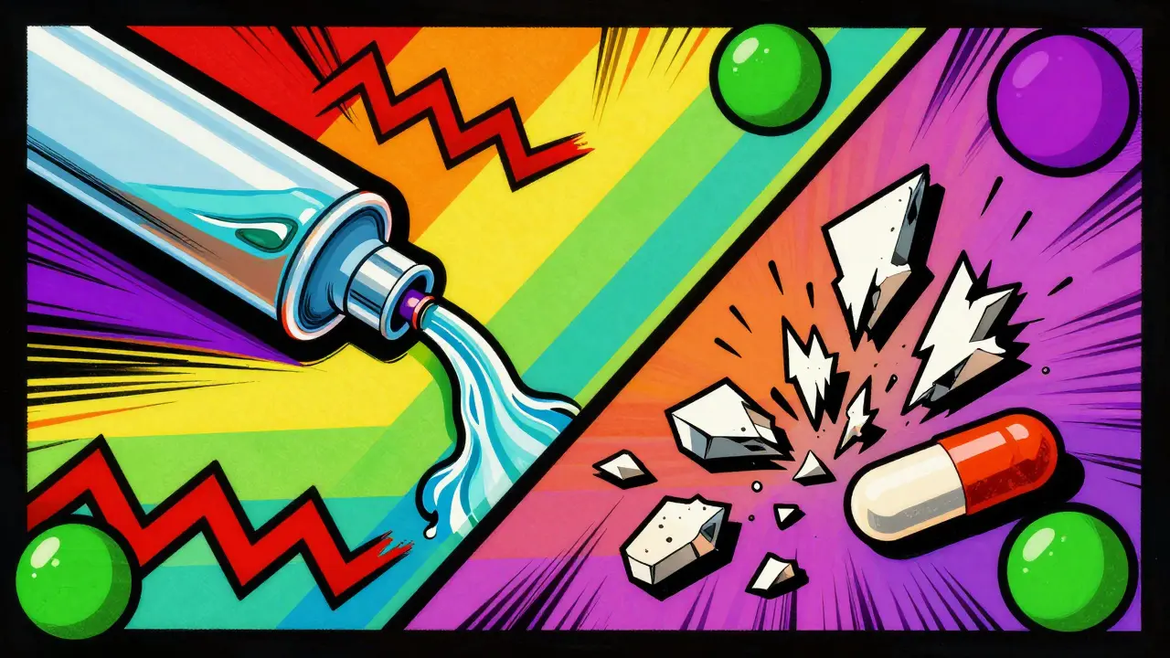 Vibrant art showing safe vs unsafe pill crushing methods
