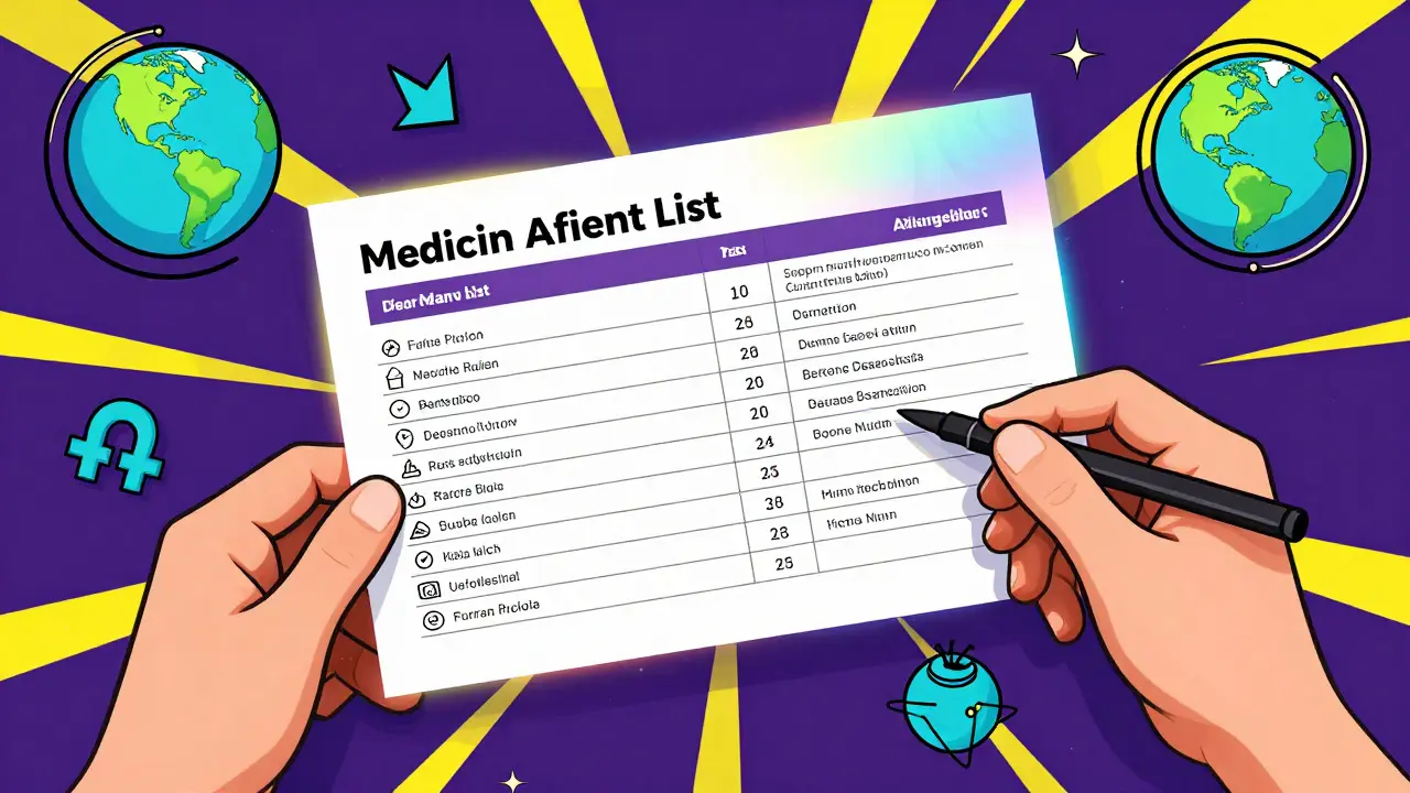 Vibrant illustration of a glowing multilingual medication card with rainbow colors and global symbols.