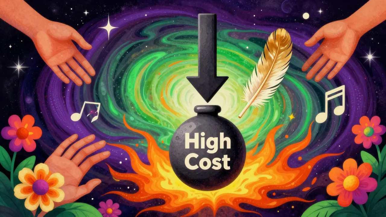 Abstract art showing high costs turning into savings via colorful arrows