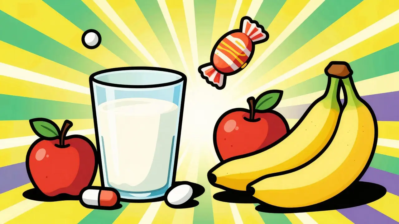 Cartoon milk, candies, and fruits in vibrant Peter Max style representing remedies