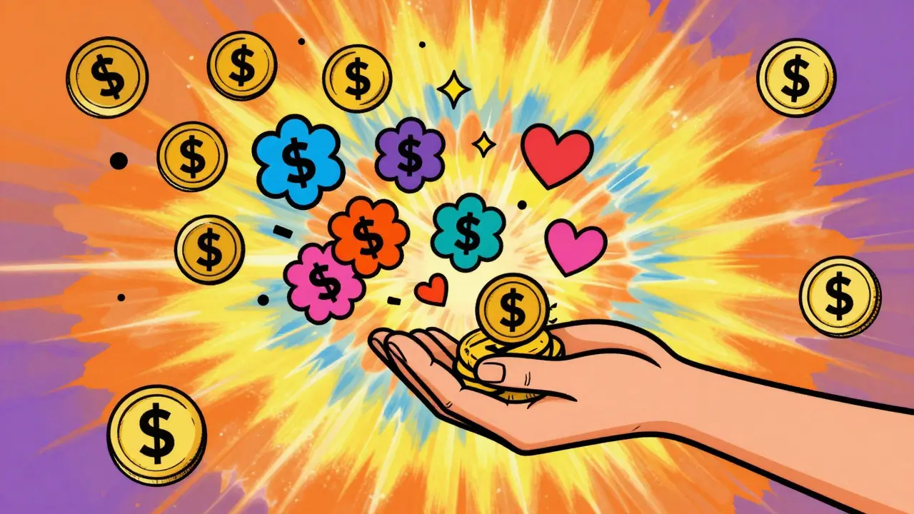 Colorful dollar signs turning into flowers in bright pop art style