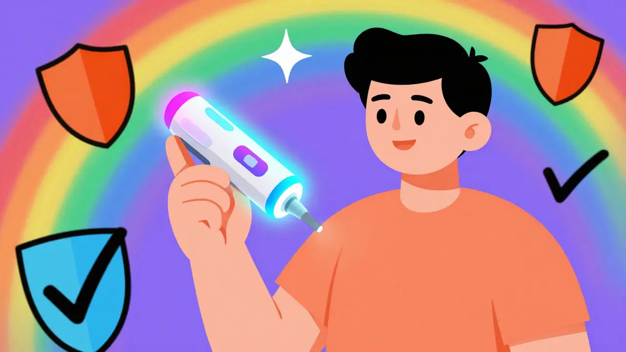 Colorful illustration of a person using a home blood test device with rainbow effects