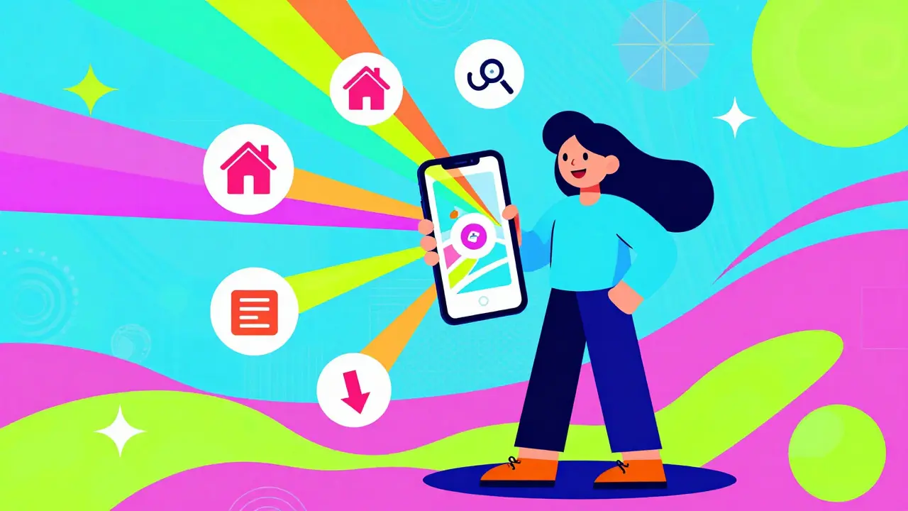 Colorful illustration of a person using a phone for telehealth and pharmacy services.