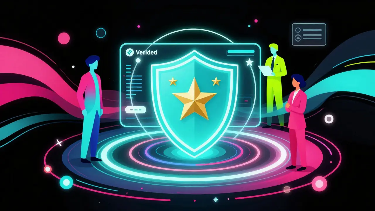 Colorful Peter Max illustration of a secure digital shield and pharmacy icons.