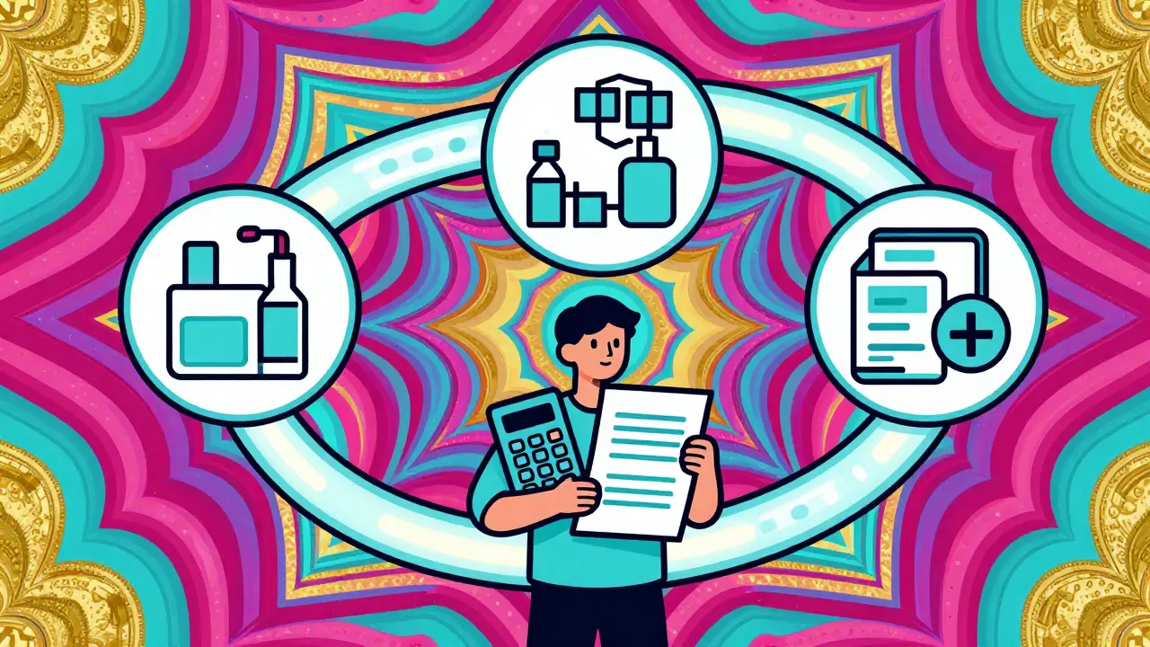 Colorful Peter Max illustration of comparing multiple pharmacy options with calculators and lists in a psychedelic setting.
