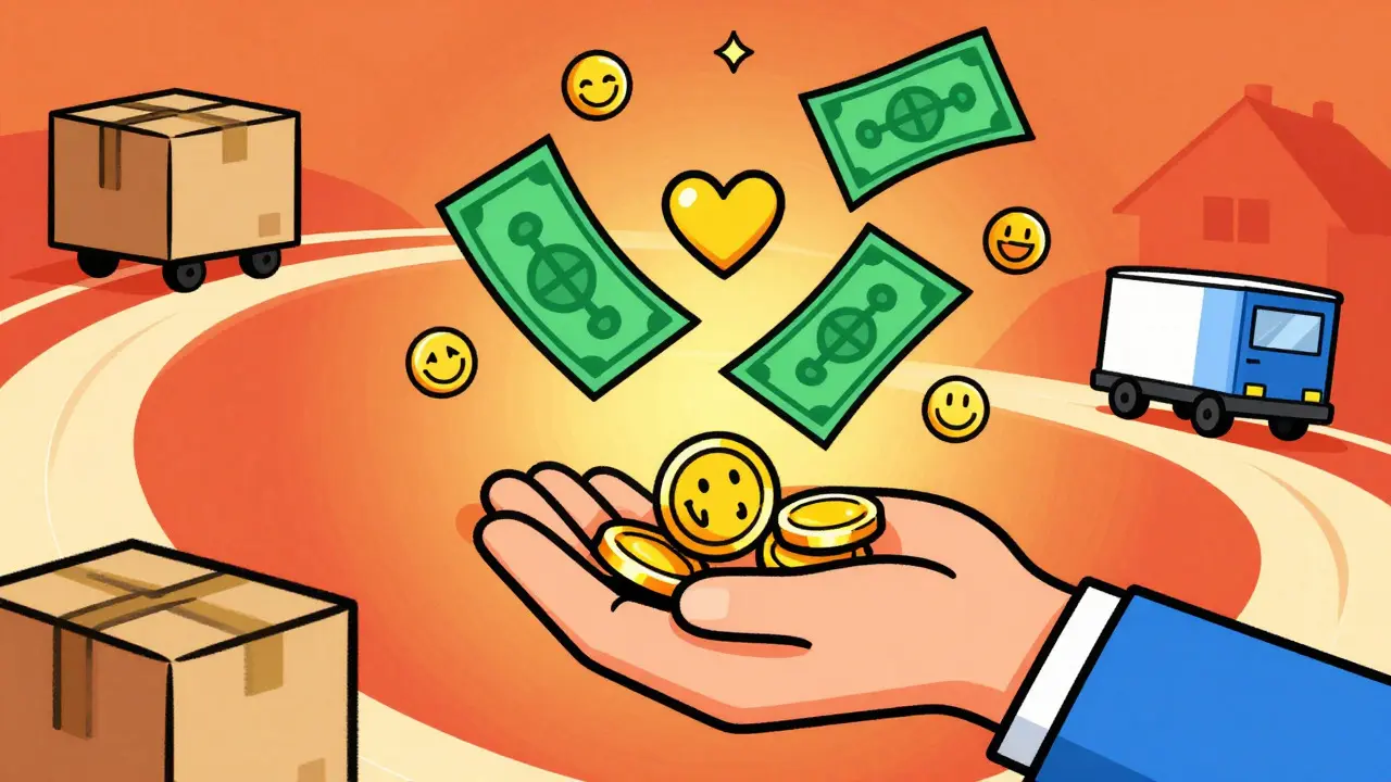 Colorful Peter Max style art of hands catching coins turning into hearts and smiles