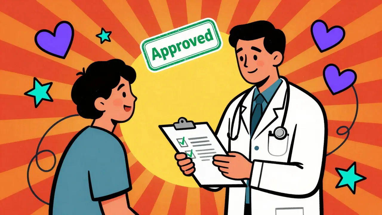 Doctor and patient reviewing forms under a radiant, optimistic sunburst