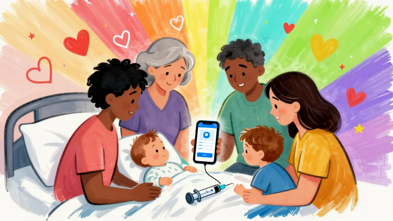 Family using smart tech for safe baby dosing in colorful illustration