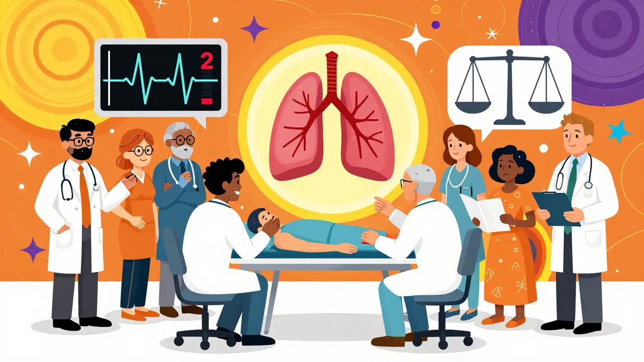 Medical team evaluating transplant eligibility with colorful symbols