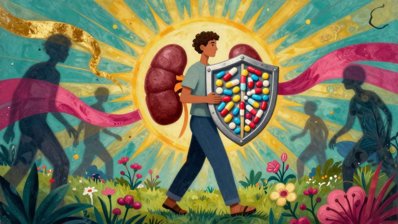 Patient protected by medication shield in psychedelic garden