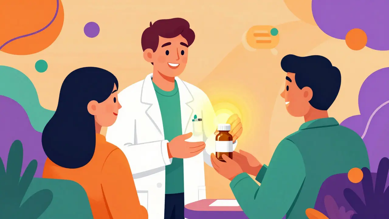 Pharmacist handing medicine in colorful Peter Max illustration