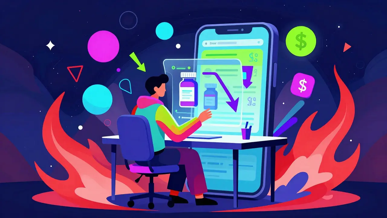Psychedelic illustration of a shopper using a phone to find cheap generic medicine deals in neon colors.