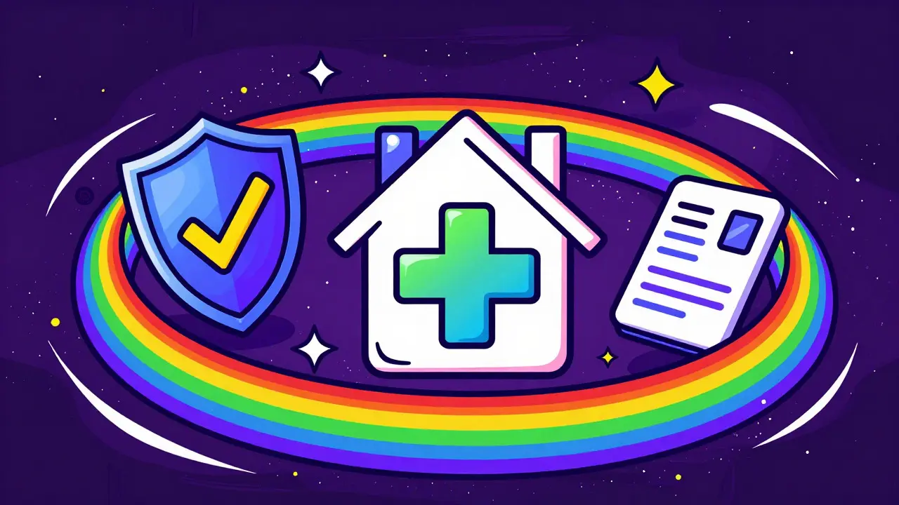 Psychedelic illustration of safety icons forming a shield around a medical cross