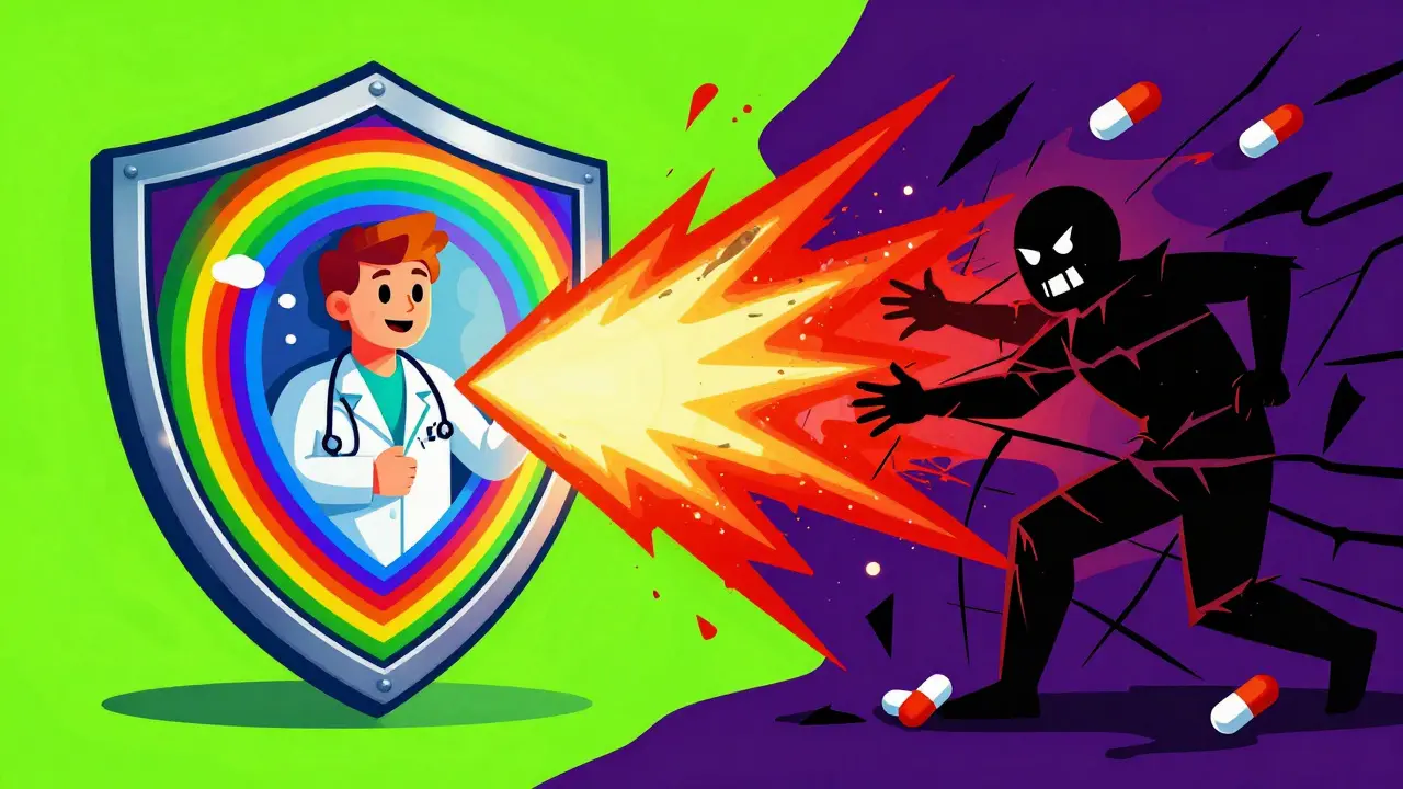Rainbow shield protecting against online pharmacy scams