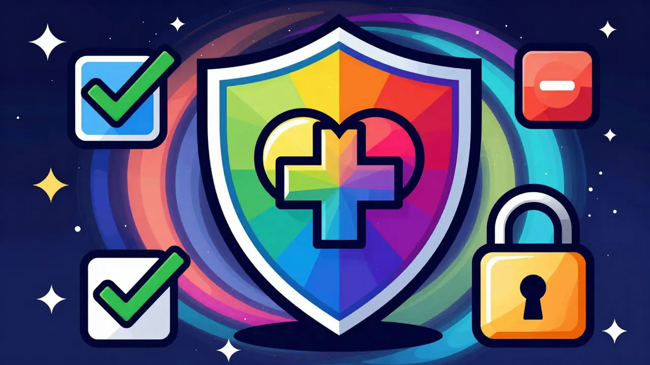 Rainbow shield protecting medical symbol in colorful cartoon illustration