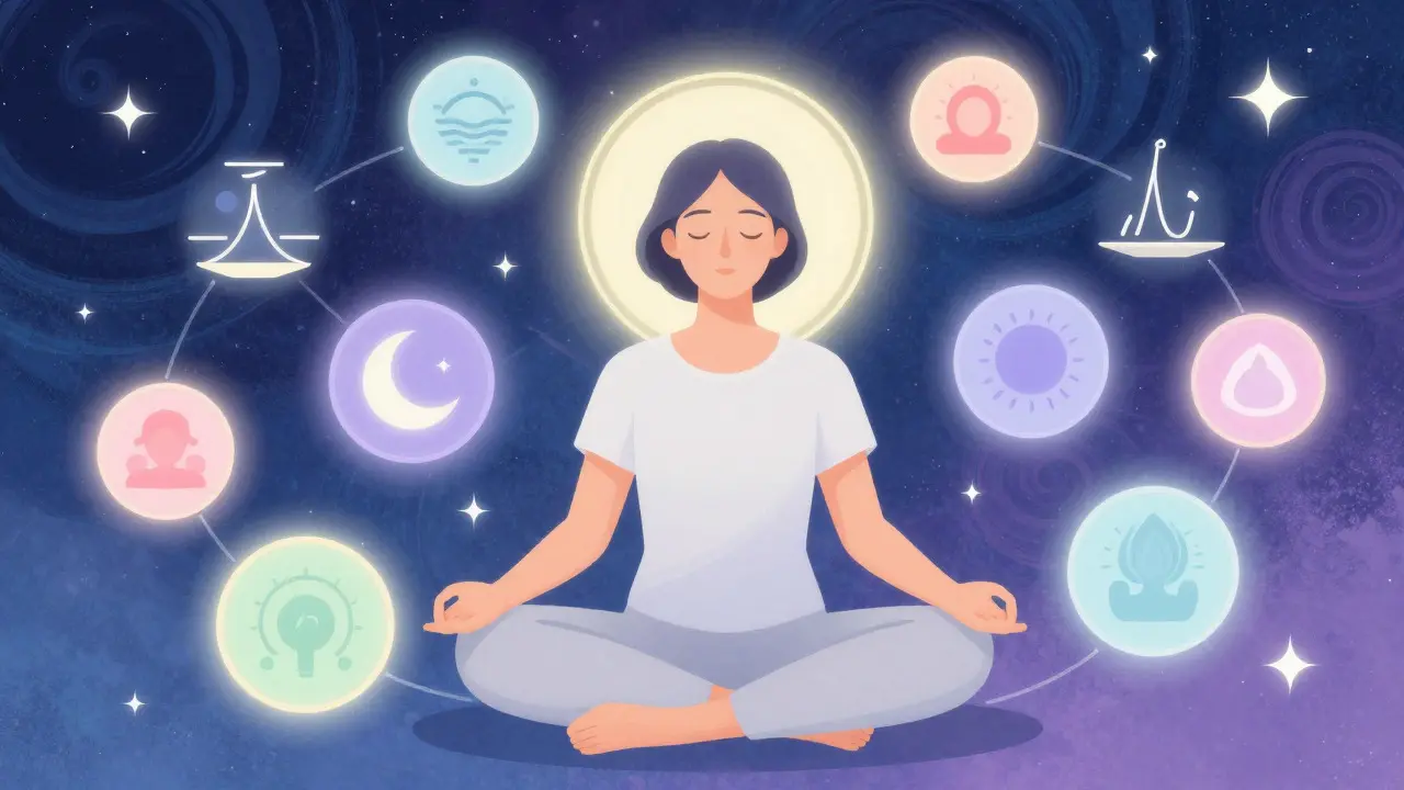 Serene person meditating surrounded by glowing halos and cosmic swirls