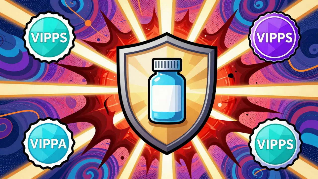 Vibrant art showing a shield protecting medication from online pharmacy scams.