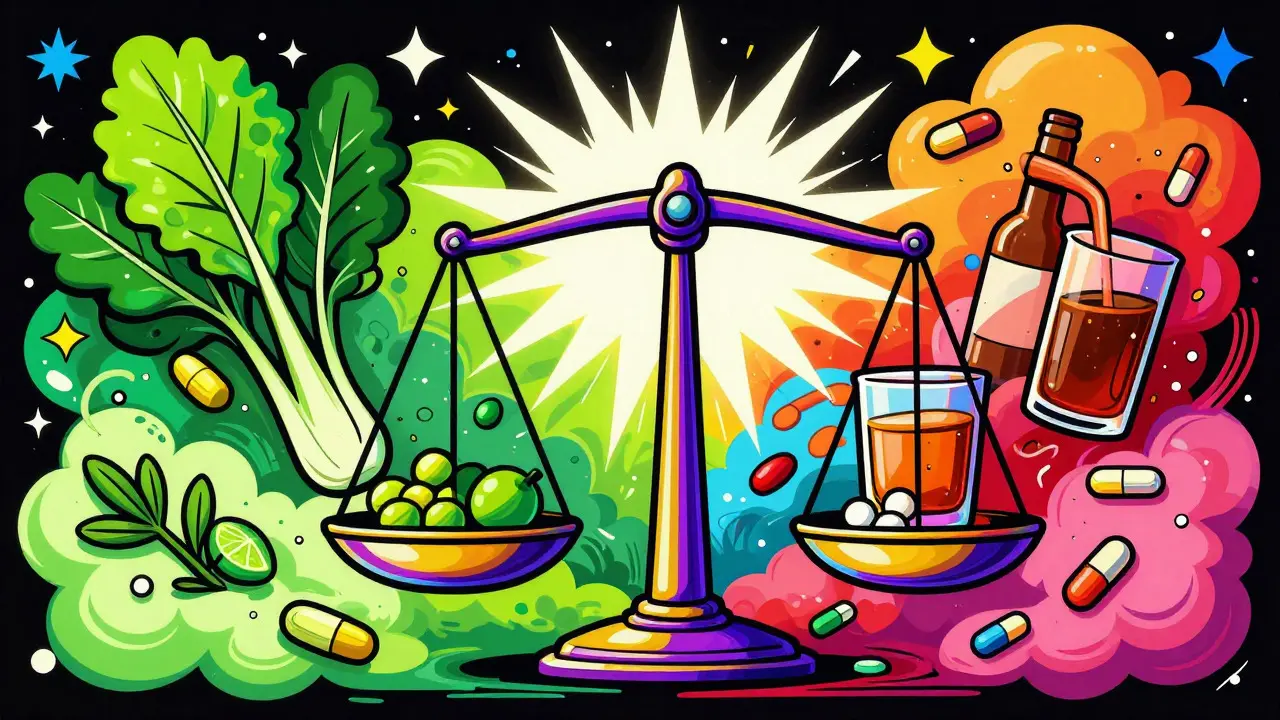 Vibrant art showing balanced diet and meds affecting blood thinner levels