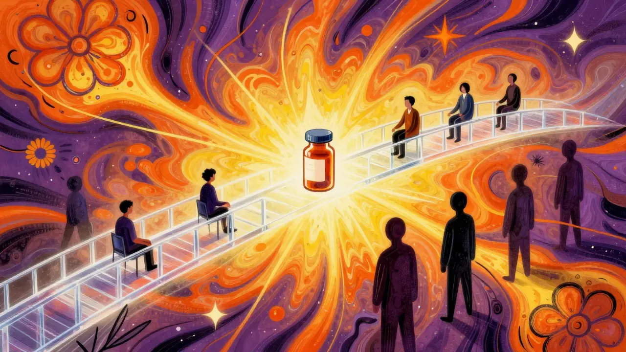 Vibrant Peter Max art showing a direct connection between patient and medicine, bypassing shadowy middlemen.