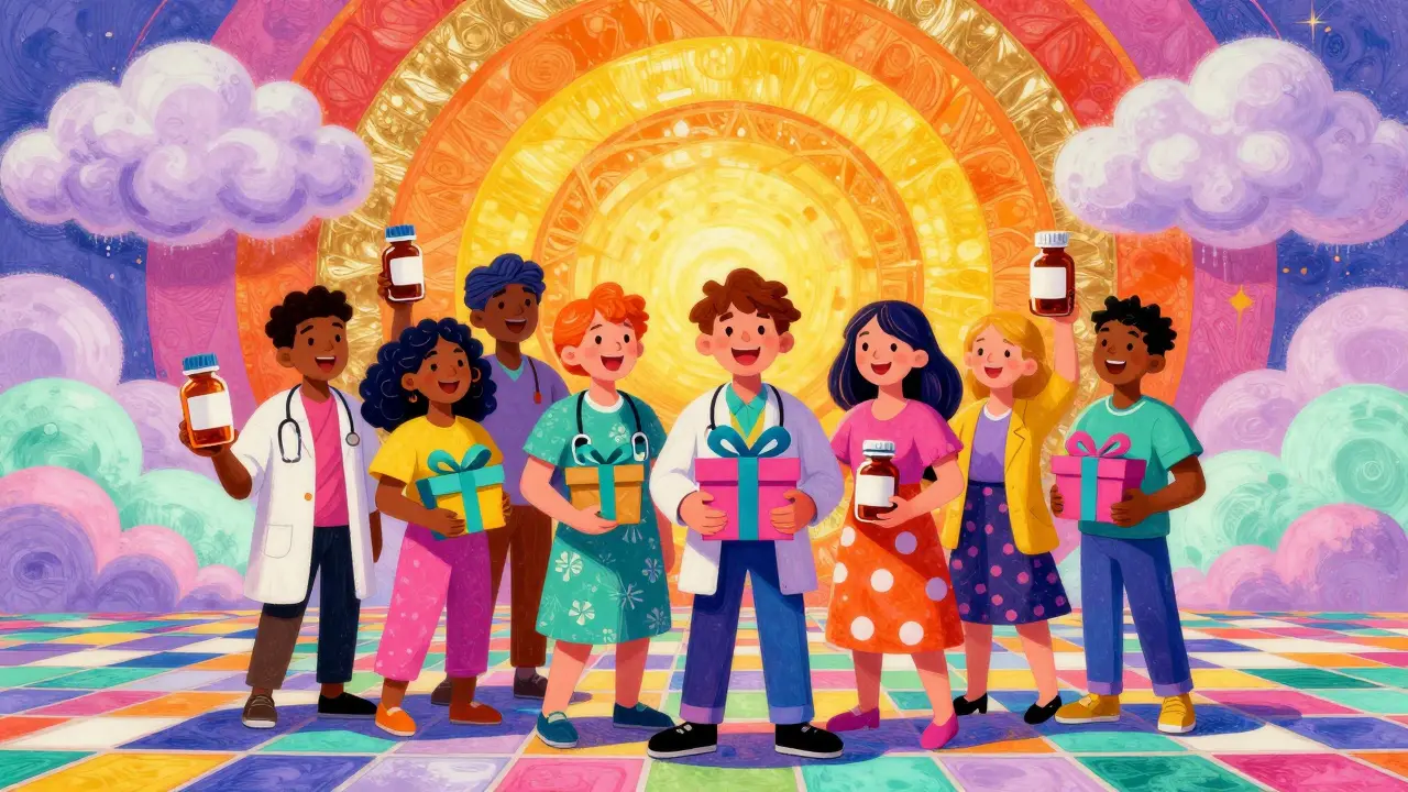 Vibrant Peter Max art showing happy people celebrating affordable health products under a rainbow sun.
