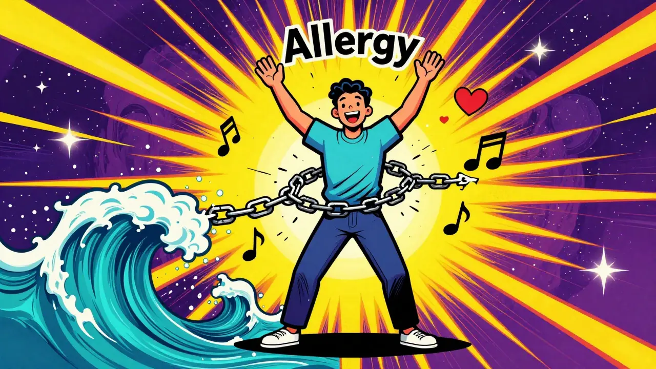 Vibrant Peter Max art showing patient freed from allergy chains