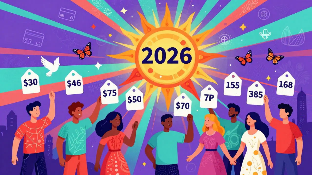 Vibrant Peter Max illustration of smiling figures and floating price tags turning into birds under a radiant, patterned sun.