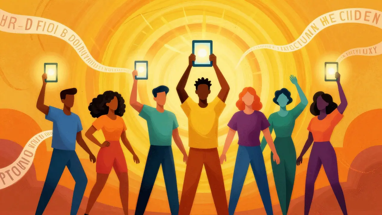 Vibrant Peter Max style art of people holding glowing medicine tablets.