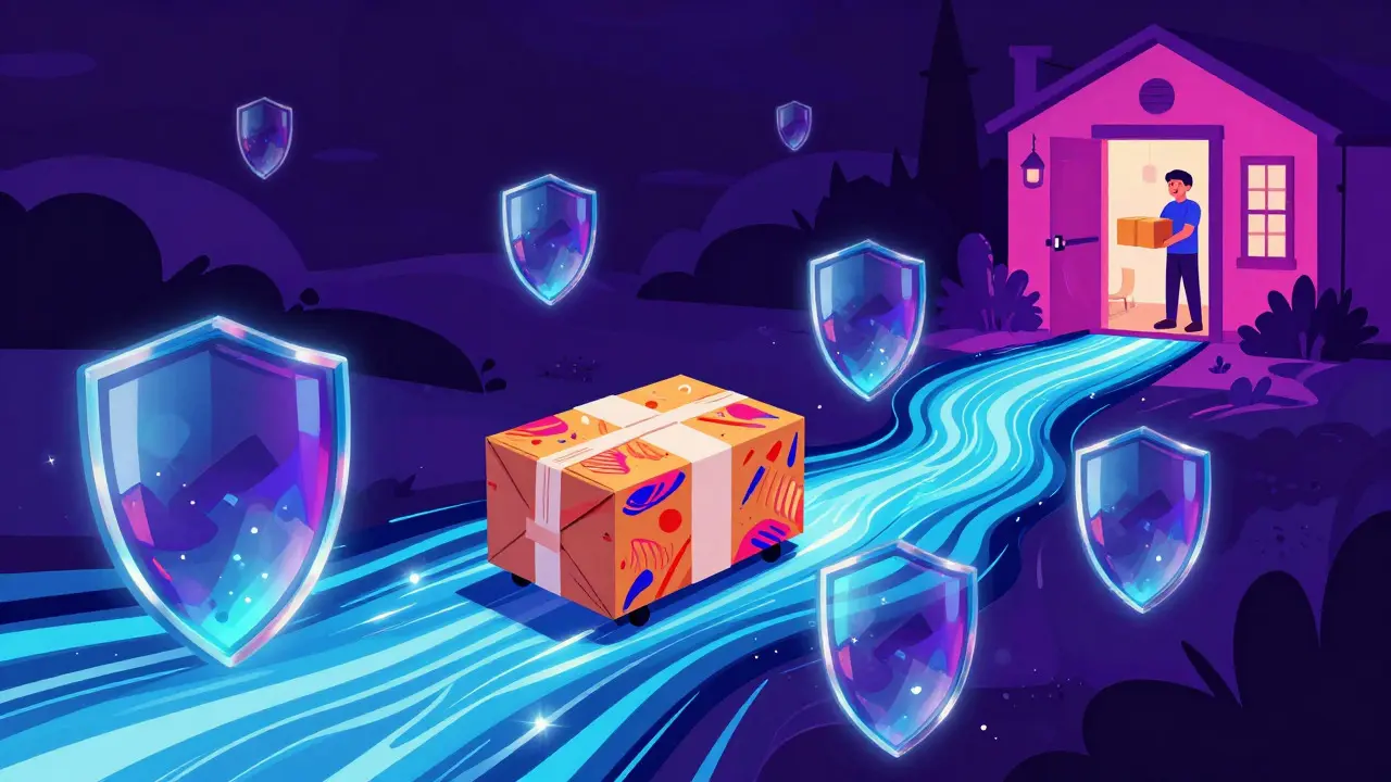 Abstract art showing a protected package traveling safely past obstacles to reach a customer's home