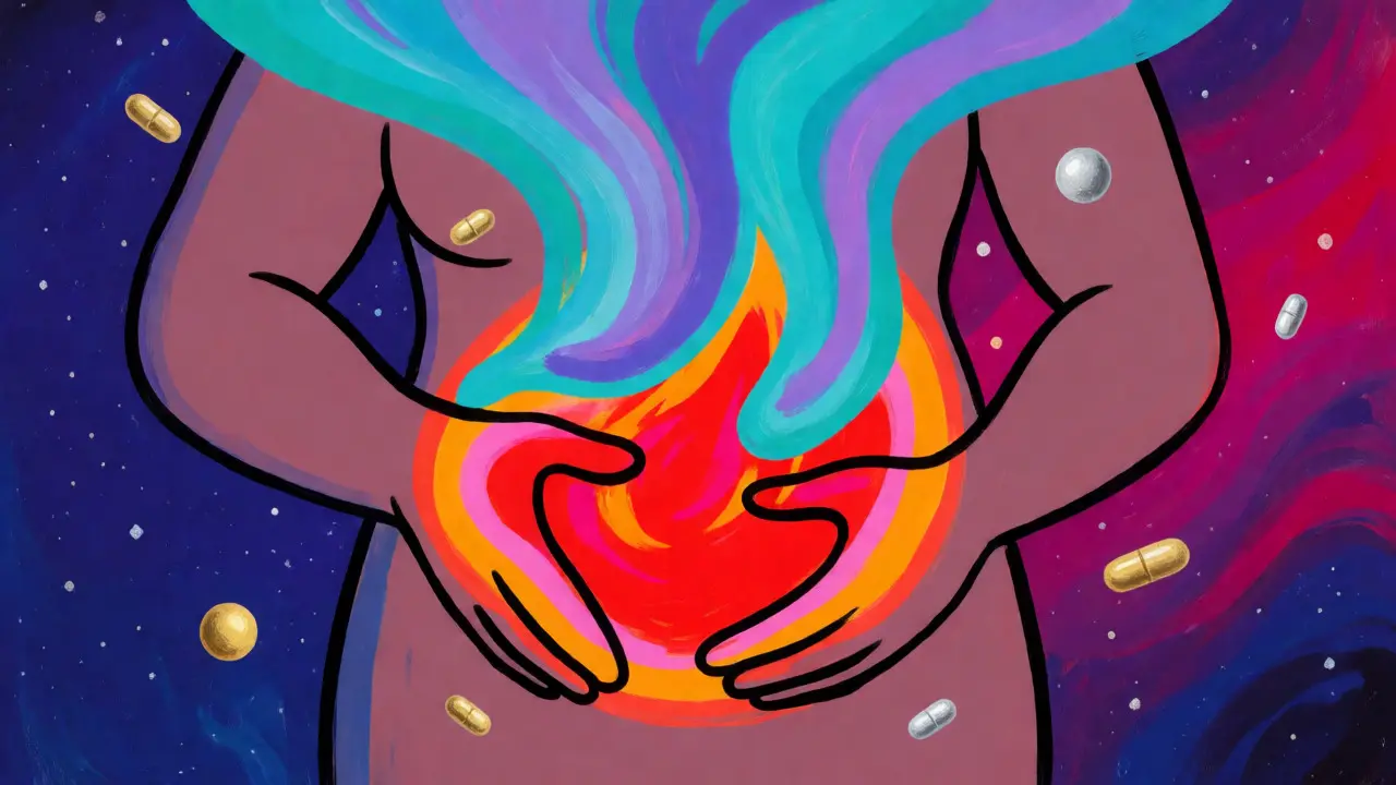 Abstract colorful depiction of stomach acid being soothed by medication effects.