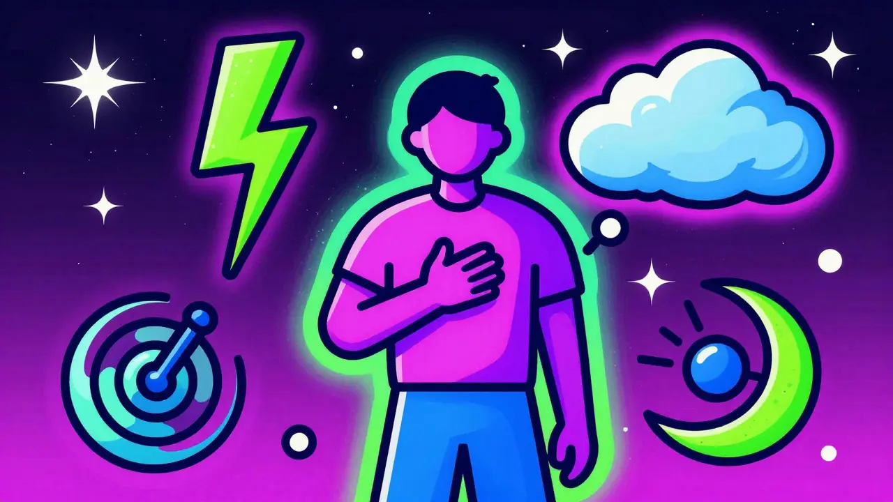 Abstract illustration of a person feeling dizzy and weak with floating symbols